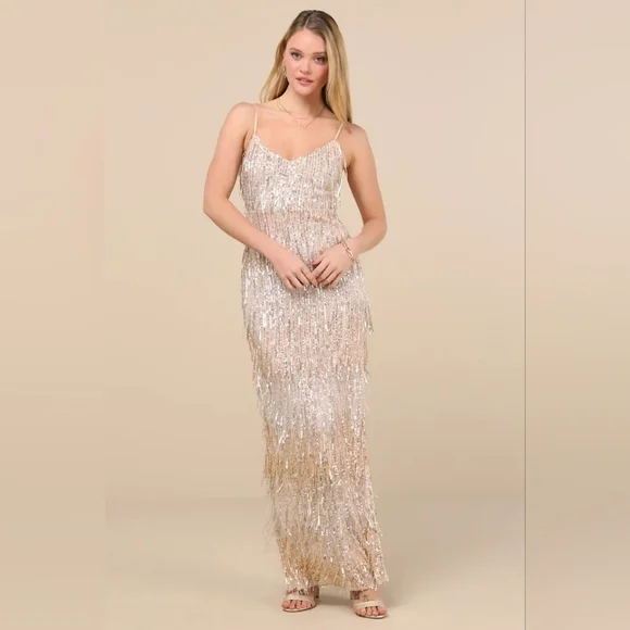 slim fit dress slacks Off-the-Shoulder Long Glitter Prom Dress with Fringe– PromGirl main image 1